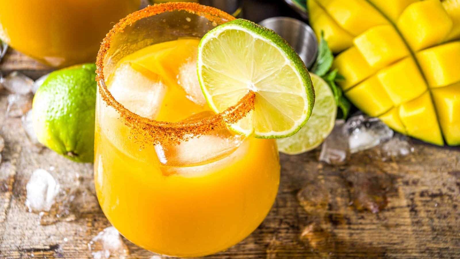 Un verre de vin sans pied rempli d'un cocktail glacé rafraîchissant à la mangue, garni d'une tranche de lime.