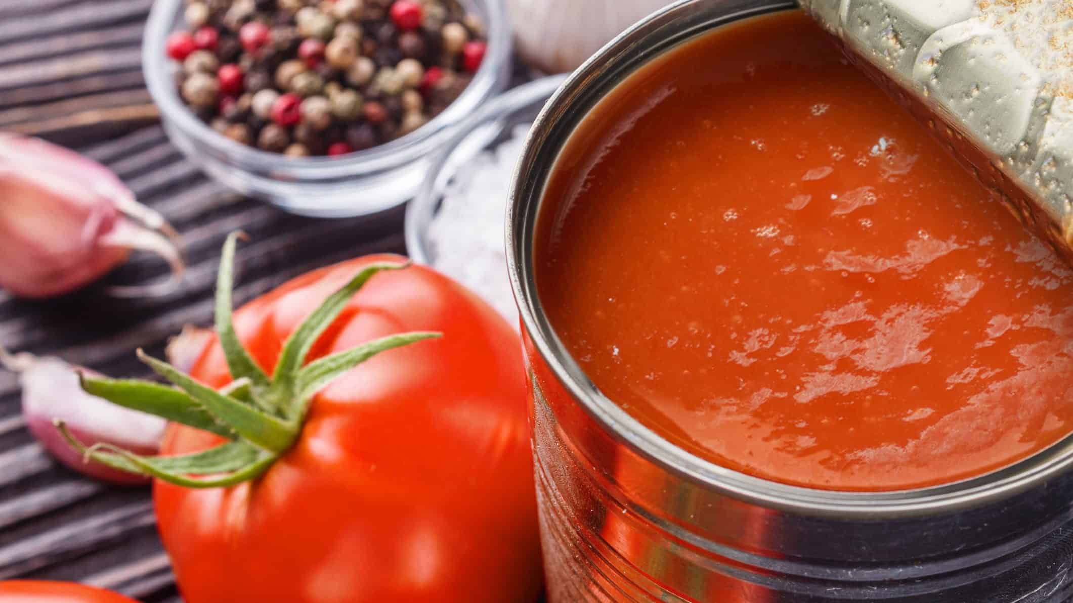 Une conserve de soupe aux tomates ouverte, avec une tomate fraîche, des échalotes et du poivre en grain