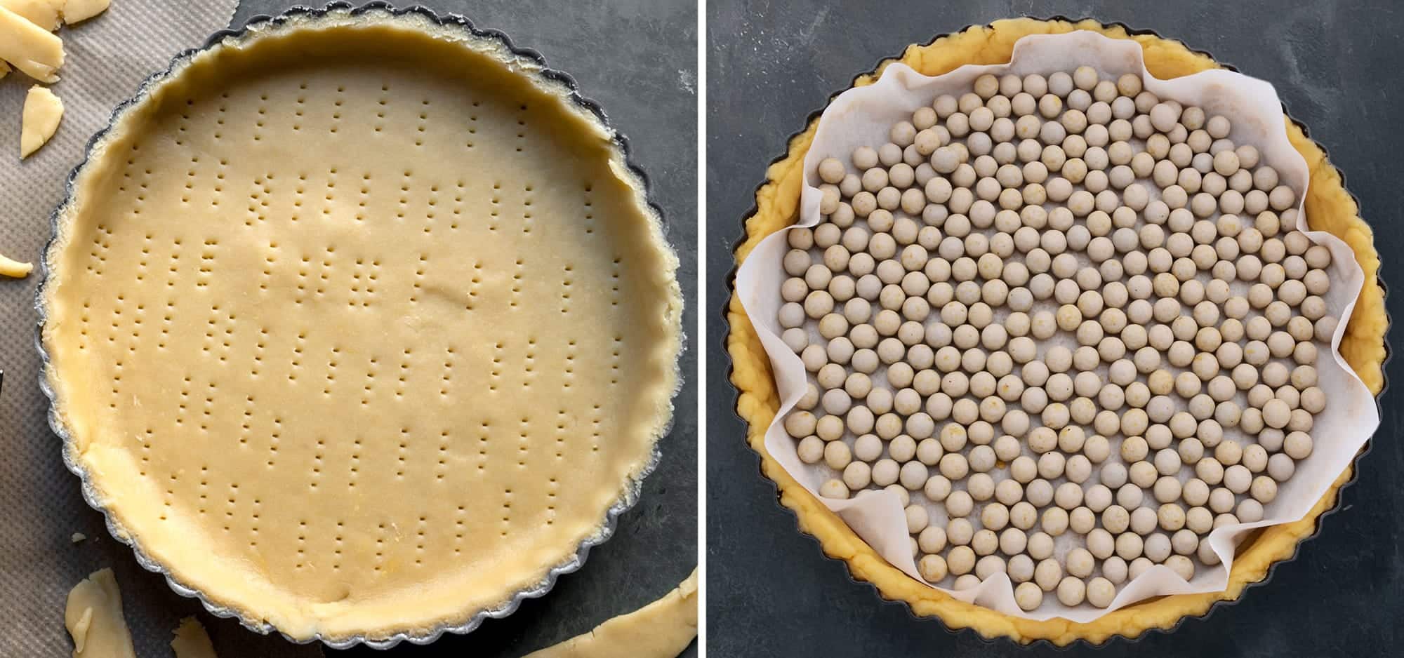 2 photos illustrant les étapes de piquage de la pâte et de cuisson avec des poids d'une tarte cuisinée avec une recette de pâte à tarte parfaite.