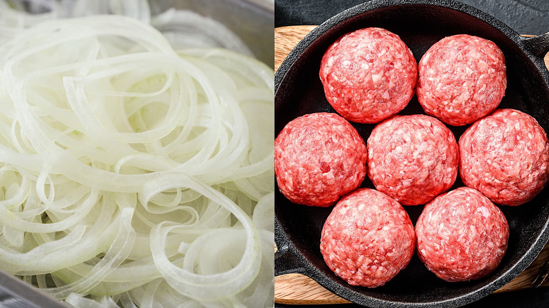 smash-burger-boulette-oignon Des oignons tranchés finement et des boules de boeuf haché pour illustrer la technique pour cuisiner des smash burgers