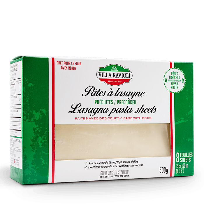 Un emballage de pâtes à lasagne précuites de Villa ravioli