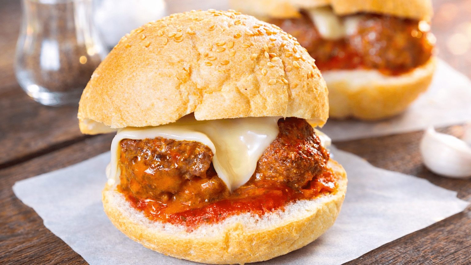 recettes-boeuf-hache-enfants-boulettes-italiennes Un burger de boulettes de boeuf haché à l'italienne est posé sur une planche de bois, une recette simple à faire avec les enfants à la relâche scolaire.