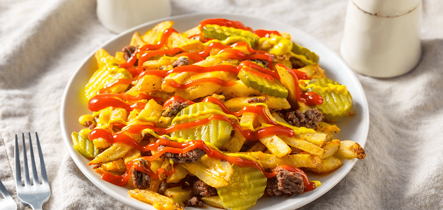 recettes-boeuf-hache-enfants-poutine cheeseburger Une assiette déborde de frites garnies façon cheeseburger, une recette simple à faire avec les enfants à la relâche scolaire.