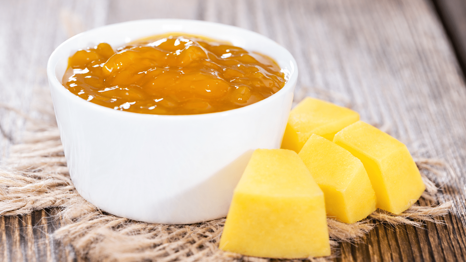 Un ramequin de confiture de mangue entouré de cubes de mangue, cuisinée à partir d'une recette de petit déjeuner au sirop d'érable.