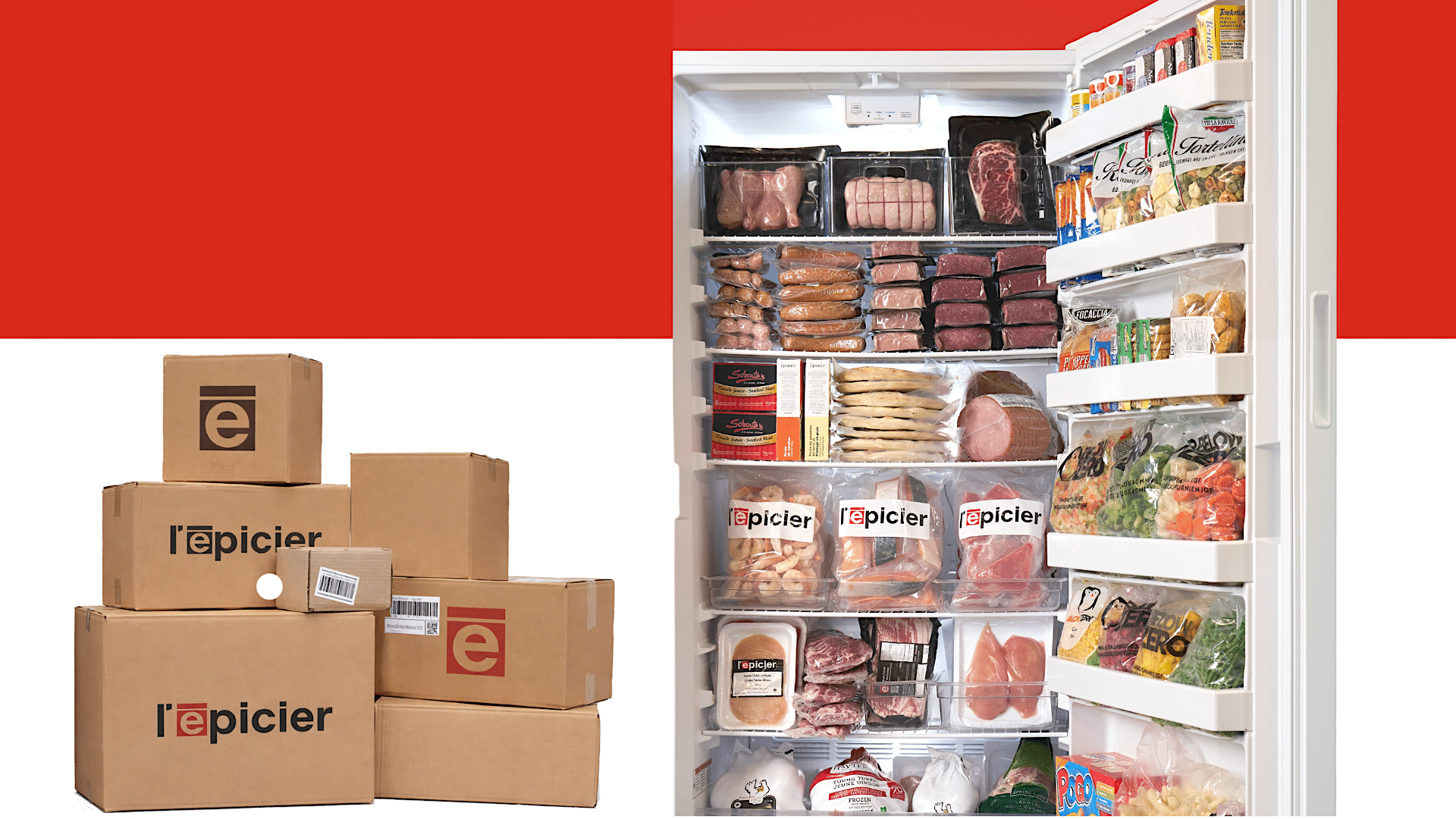 congelateur-conseils-organiser-livraison une photo de boîtes de produits l'épicier livré à la maison et bien rangés dans un congélateur vertical pour illustrer nos conseil pour organiser votre congélateur