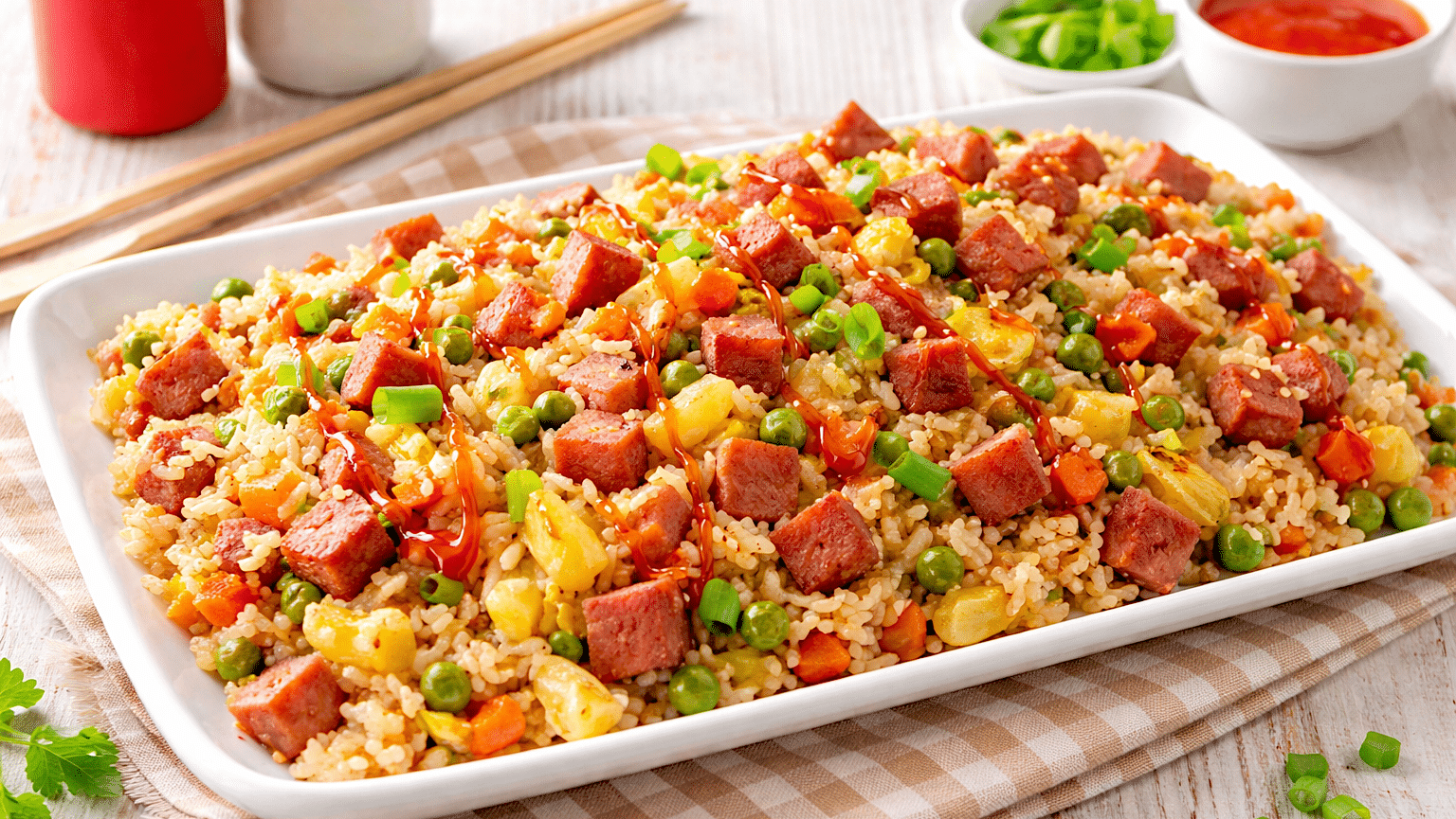 Un riz frit hawaiien au jambon et ananas est dressé dans un grand plateau blanc et a été cuisiné avec des restes de jambon de Pâques